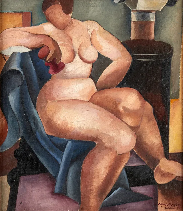 AXEL OLSON (1899-1986). Kvinna vid kamin, signerad och daterad Berlin 1922, olja på duk.