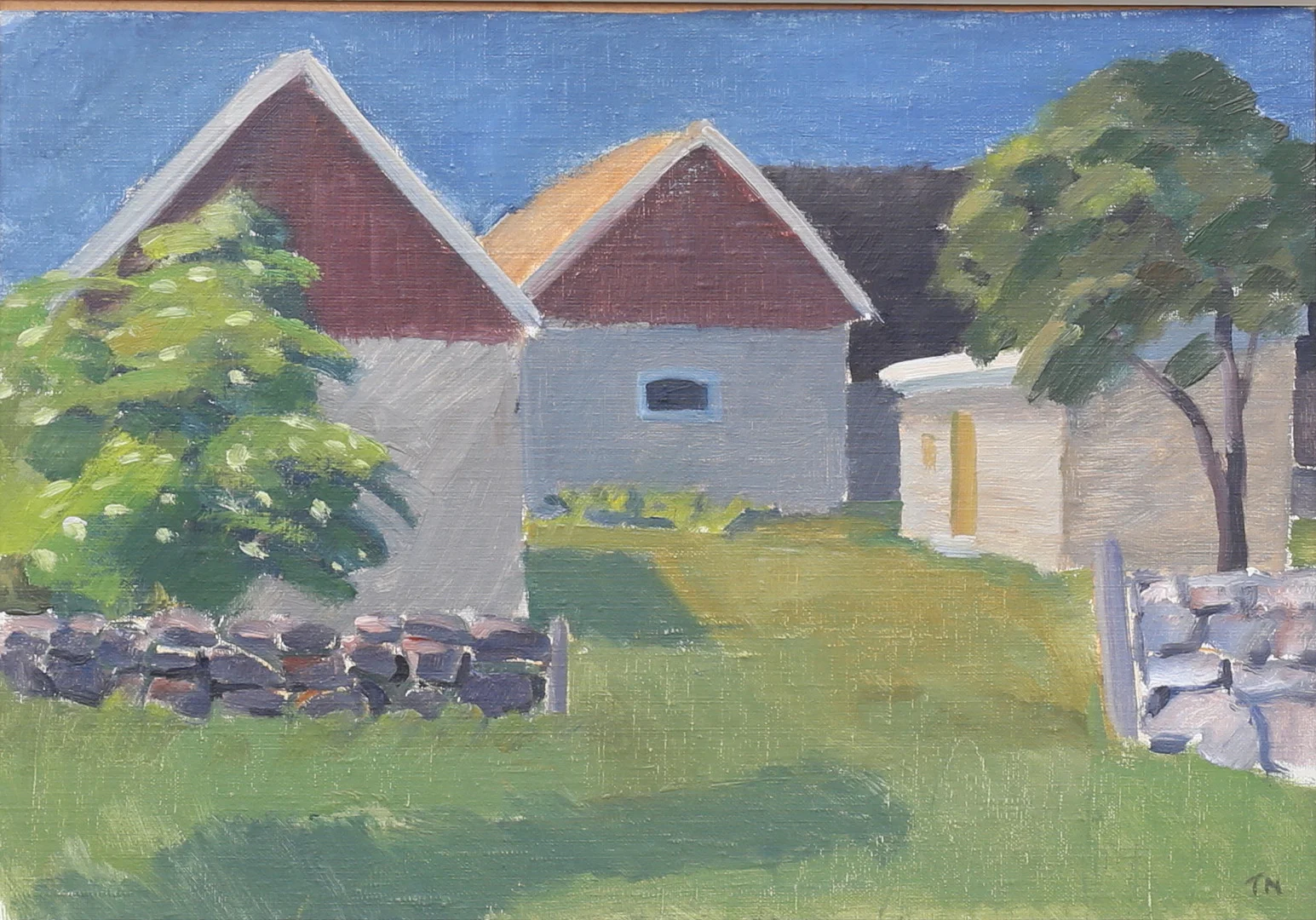 TAGE NILSSON. Olja på pannå, "Ölandsgård", signerad TN. — Paintings — Auktionshuset Thelin & Johansson