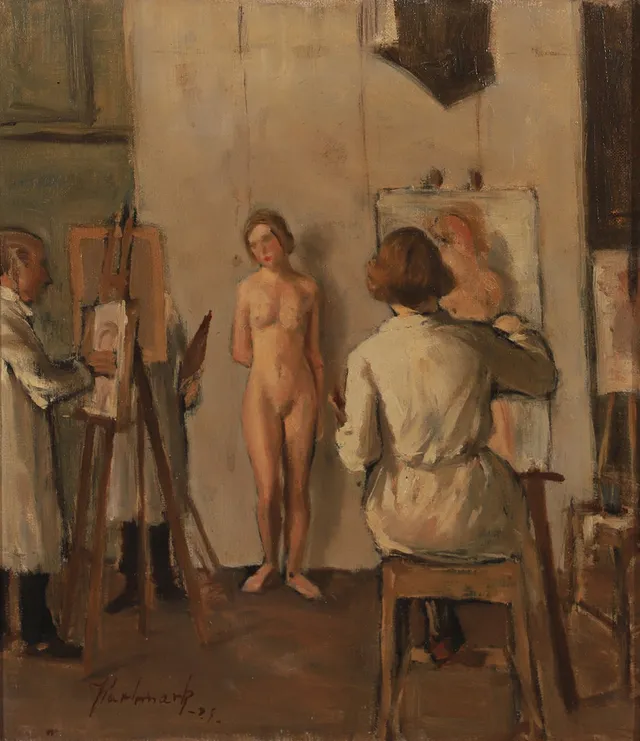 GERHARD KARLMARK. Konstnärer med modell, olja på duk, signerad.