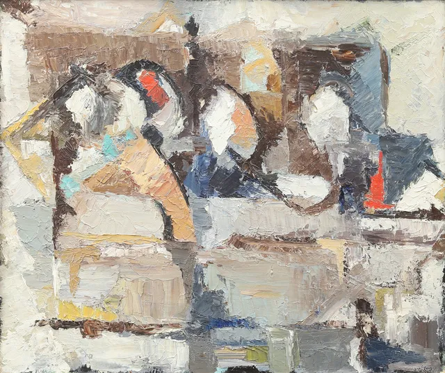 RALPH BJÖRKLUND (1937-2014). "Uppställning II", olja på pannå, otydligt signerad.