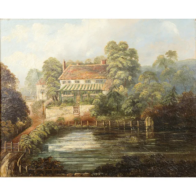 Ubekendt kunstner. Sydlandsk sommerlandskab med villa, olie på plade, 1800-tallet.