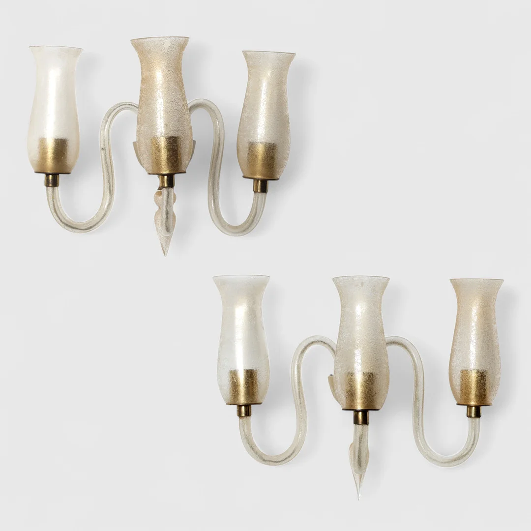 Italiensk design, et par væglampetter af 'Corroso' glas, Murano 1940-50'erne (2). — Wall Lights — Palsgaard Kunstauktioner