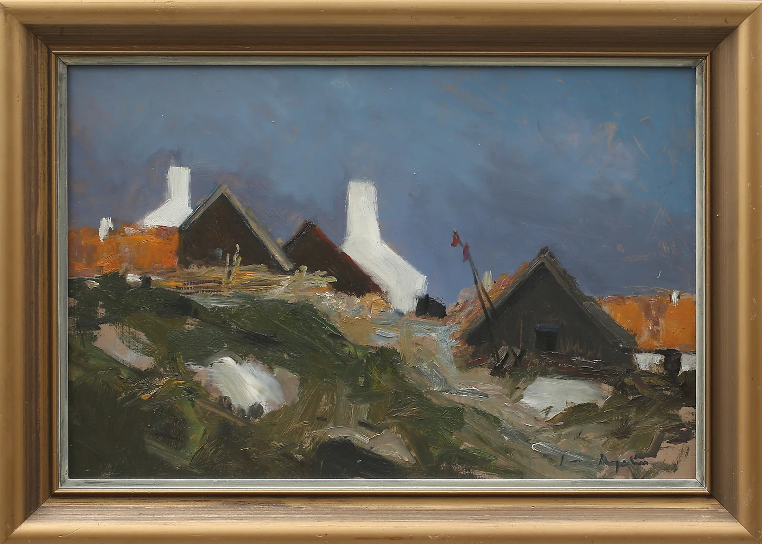 ARNE ASPELIN. Olja på pannå, hus i landskap, signerad. — Paintings — Garpenhus Auktioner