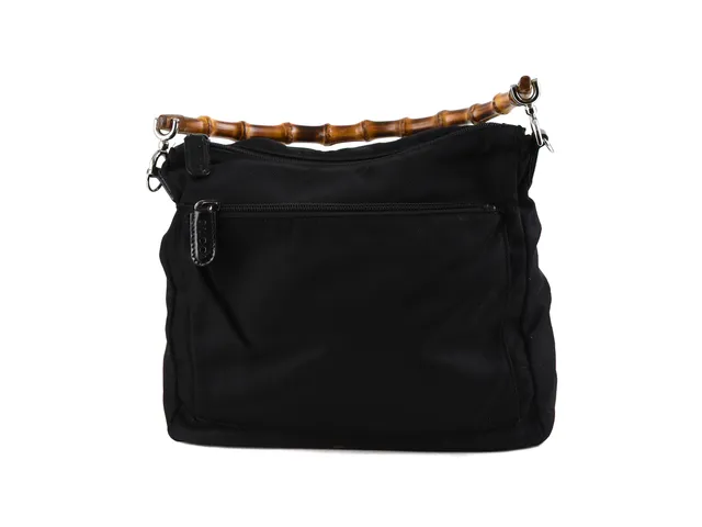 VÄSKA, GUCCI, svart nylon, handtag i bambu, 27x24x12, någon fläck.