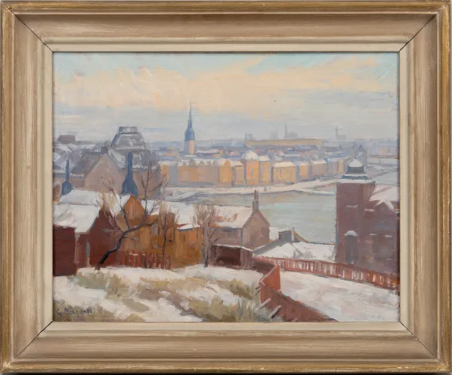 GUNNAR BERGQVIST. Vy mot Gamla Stan från Södermalm, olja på pannå, signerad.