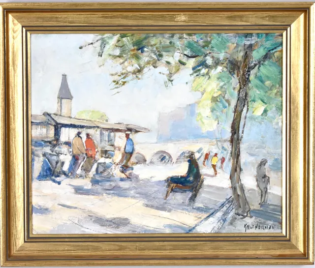KNUT NORRMAN. oljemålning på pannå, boklåda vid Seine.