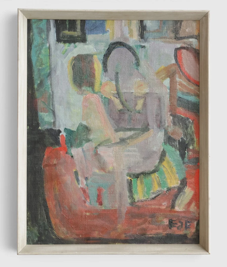 Uden titel. Abstrakt komposition, olie på lærred. Ubekendt dansk maler, sign. "Eje". Danmark, ca. 1960-70'erne. — Paintings — Woxholt Auktionshus