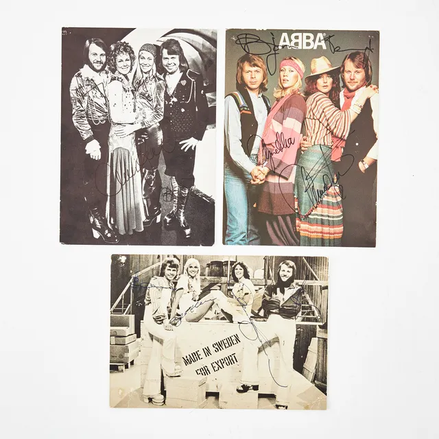 ABBA, idolkort med namnpåskrifter, 3 st., 1970-tal.