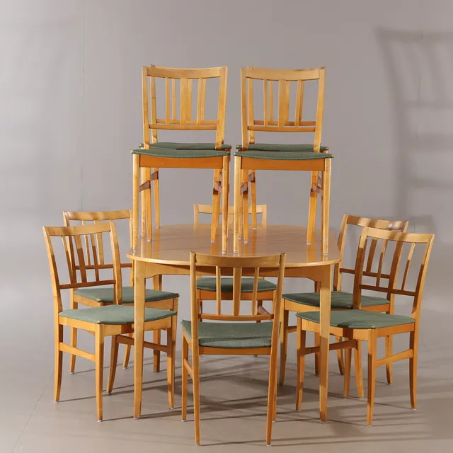 CARL MALMSTEN. Matsalsgrupp, 11 delar, "Talavid", Waggeryds möbelfabrik.