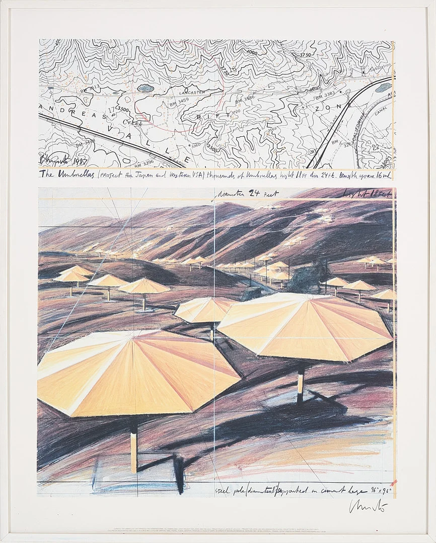CHRISTO & JEAN-CLAUDE (1935-2020). "The Umbrellas (Project for Japan and Western USA)". — Engravings & Prints — Stockholms Auktionsverk Magasin 5