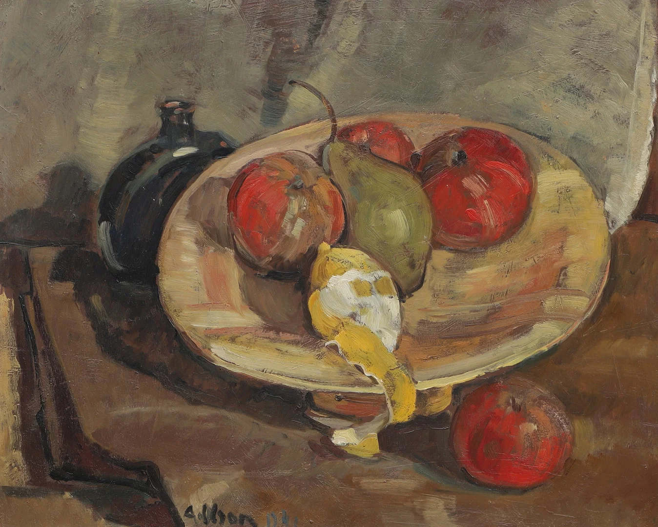 ANDERS OLSON. Olja på pannå, stilleben fruktfat, signerad, daterad 1941. — Paintings — Ekenbergs Auktioner
