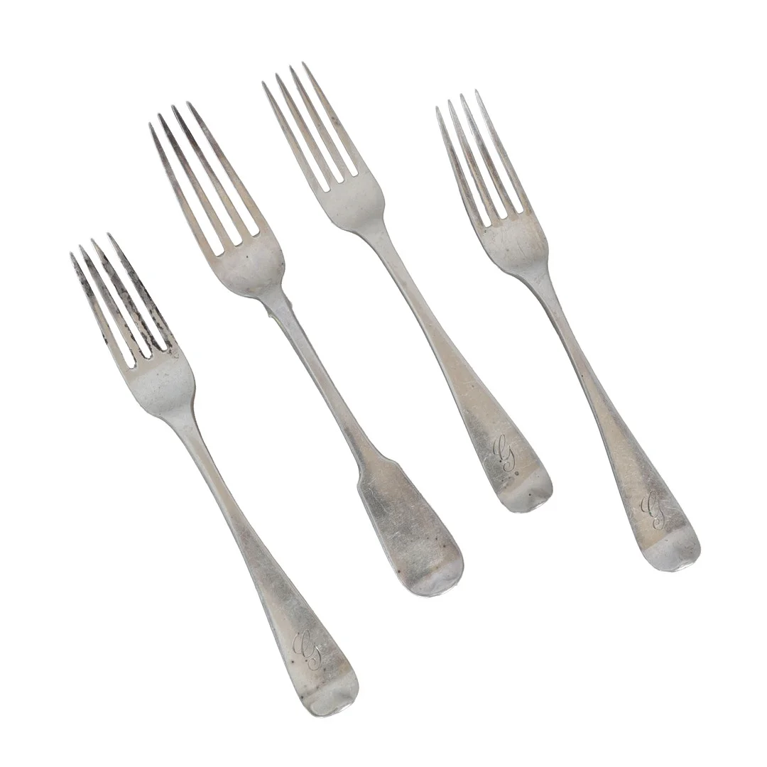 FOUR IRISH SILVER DESSERT FORKS (4). — Silver — Bishop & Miller