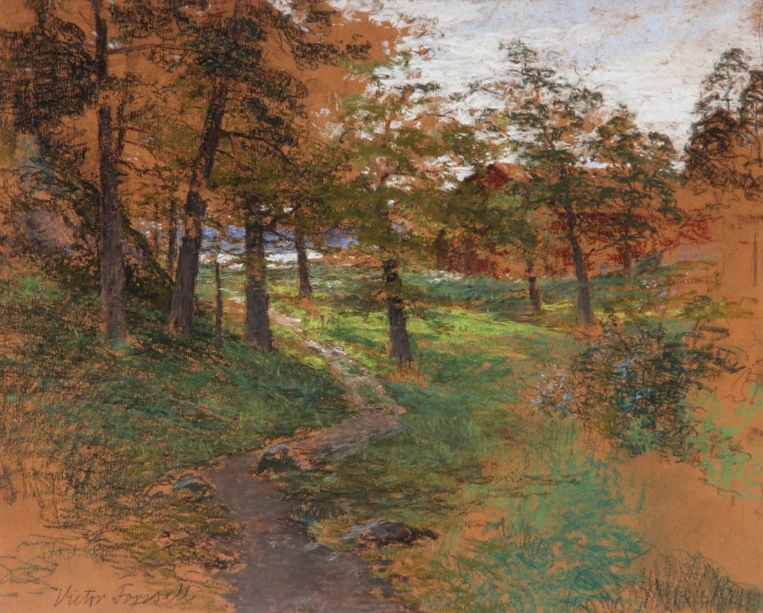 Victor Forssell. Part of a forest path, in the background a farm, pastel — Paintings and sculptures/Drawings — Lauritz