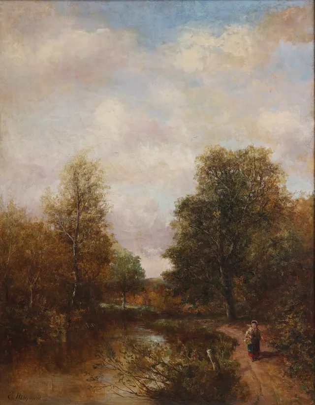 OIDENTIERAD KONSTNÄR. Olja på duk, 1800-tal, signerad E. Maynard.