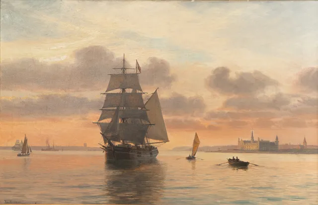 VILHELM ARNESEN (1865-1948). Abendstimmung am Öresund mit Blick auf Kronborg.