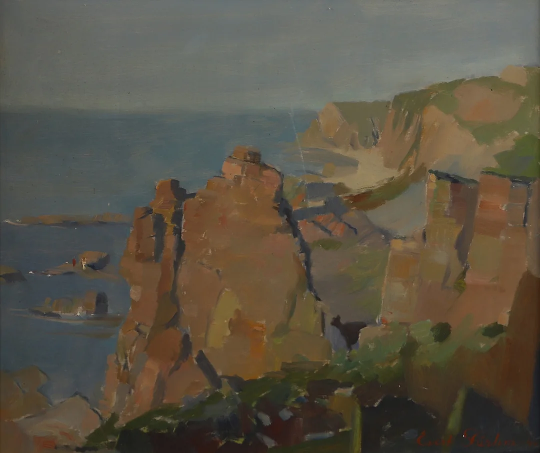 EVERT FÄRHM. Kustparti, olja på pannå, signerad. — Paintings — Helsingborgs Auktionskammare