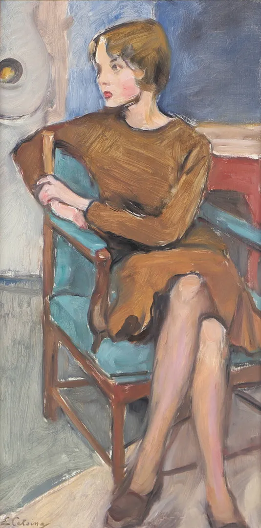 ELSA CELSING. Interiör med sittande ung kvinna, olja på duk, signerad E Celsing.