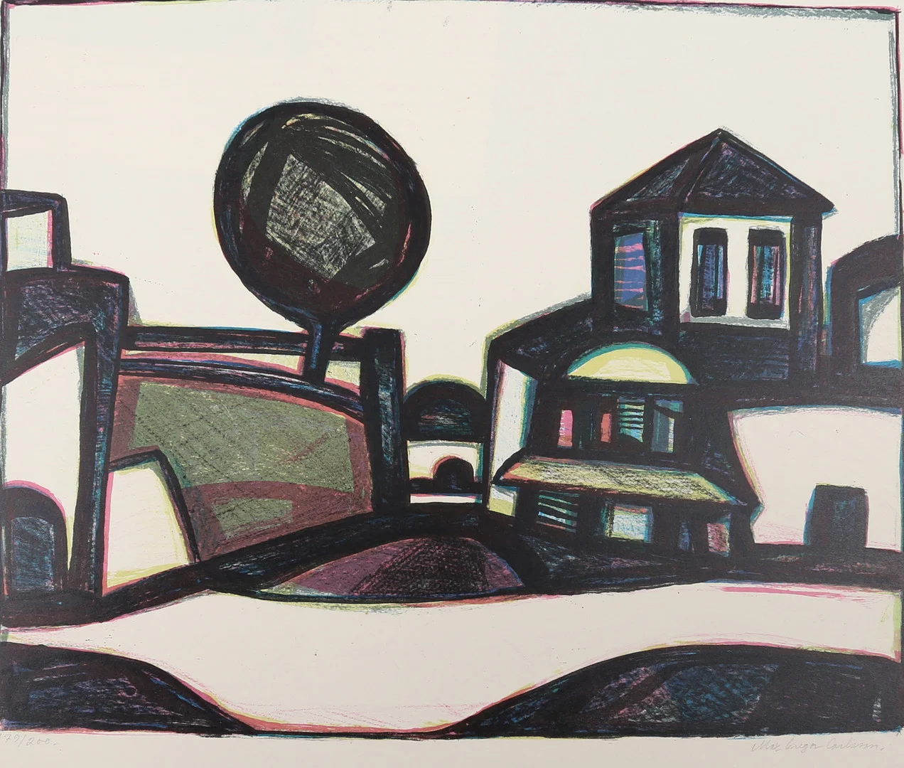 MAX GREGOR CARLSSON (1914-1996). Landskap med hus, färglitografi nr 179/200, signerad. — Engravings & Prints — Garpenhus Auktioner