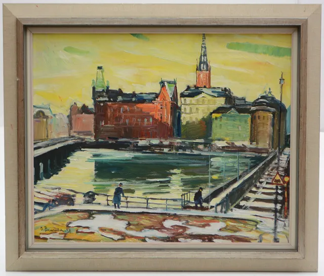 OLOF BENANDER. Riddarholmen i solnedgång. 1958 Olja på duk.