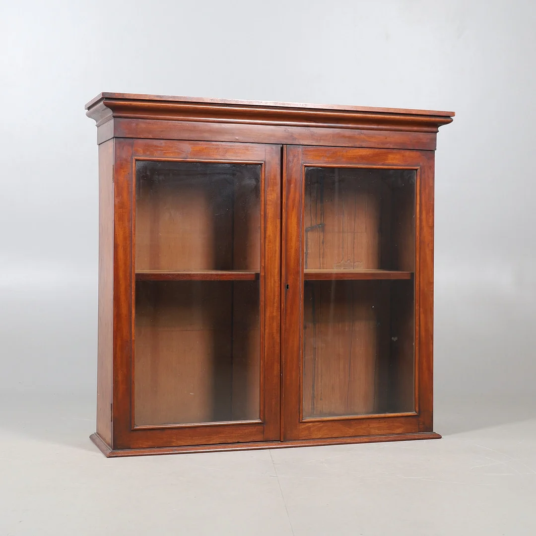 MAHOGANY GLAZED WALL HANGING CABINET. — Cupboards, Cabinets & Shelves — Lawrences Auctioneers