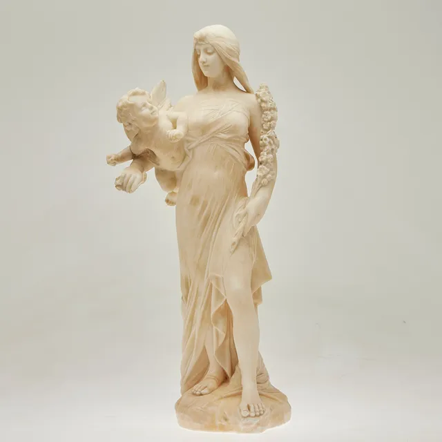 EDOUARD DROUOT. Skulptur / Figur, Nymphe mit Putto, Alabaster-Marmor.