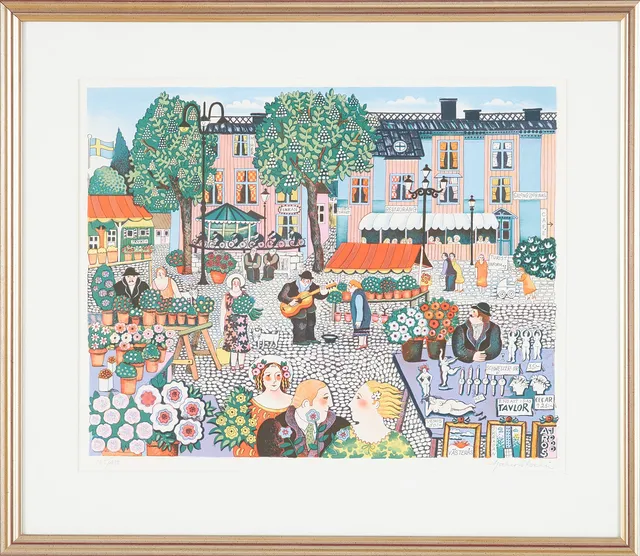 MARION BELIN. "Bondtorget, Västerås", färglitografi, sgnerad samt numrerad.