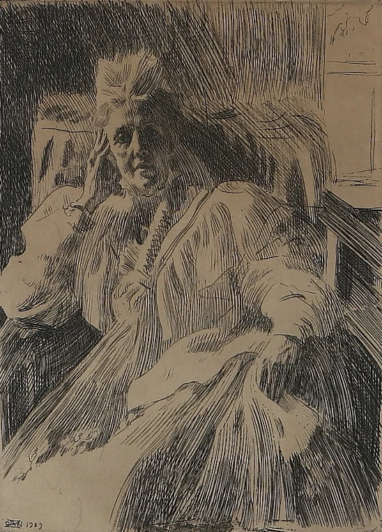 ANDERS ZORN. "Änkedrottning Sophia", etsning, signerad i blyerst, daterad i tryck 1909. — Engravings & Prints — Auktionshuset Kolonn