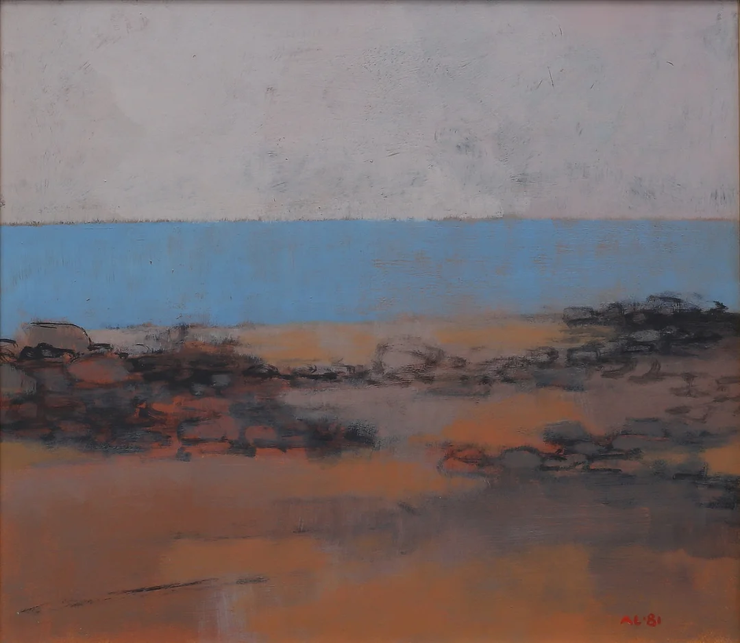 ANDERS LINDGREN. "Stenig strand". Olja på pannå, signerad och dateradAL-81. — Paintings — Auktionshuset Thelin & Johansson