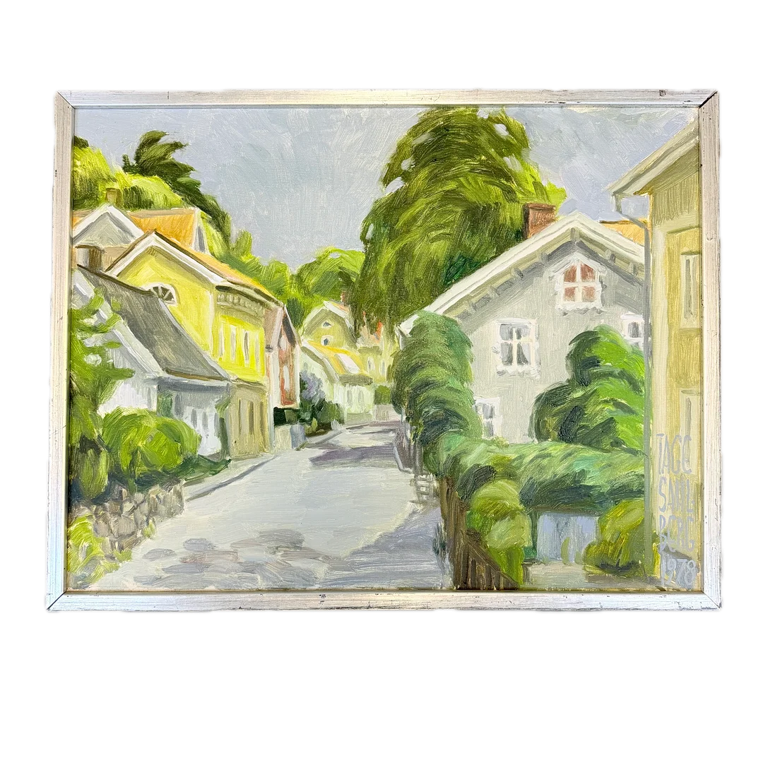 TAGE SAHLBERG. OLJA PÅ DUK, "Östra gatan Kungälv", signerad, daterad-1978. — Paintings — Auktionshuset STO Bohuslän