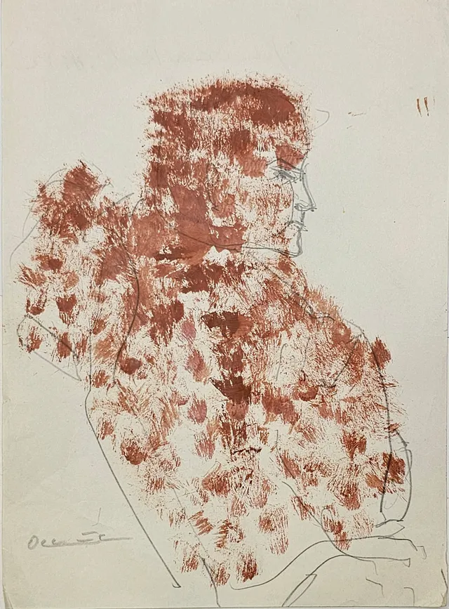 JOSÉ PÉREZ OCAÑA, "OCAÑA". PERSONAJE DE PERFIL. TÉCNICA MIXTA SOBRE PAPEL.