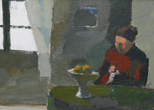 GERHARD NORDSTRÖM, rumsinteriör med kvinna, olja på pannå.