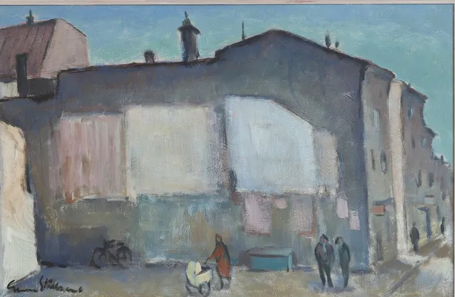 GUNNAR STÅLBRAND. Olja på pannå, stadsbild, signerad.