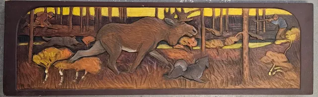 HAMPE SVANBERG. Älgjakt. Relief, trä, signerad HHS.