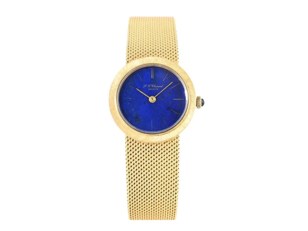 L-U.CHOPARD, Genève, damur, 24,5 mm, Cal Felsa 4122, Boett nr. 64189, 18K guld, manuell, safirglas (repor), urtavla i Lapis Lazuli, integrerad originallänk (förlängd), totalvikt 48,8 gram, längd 168-175 mm, ca 1970. — Klockor/Chopard — Kaplans