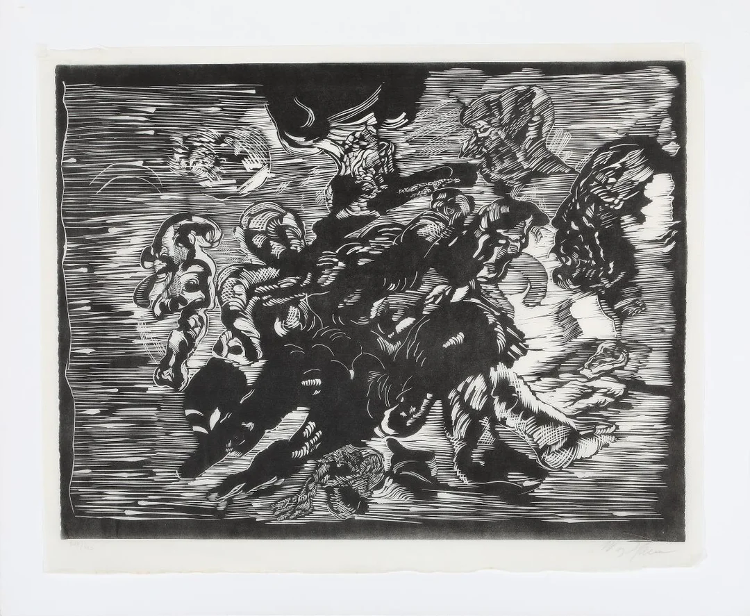 “Indfald”. Signed Wiig Hansen, 504/700. Woodcut, mounted on paper. 44×55. Unframed — Modern Paintings/Modern art — Bruun Rasmussen