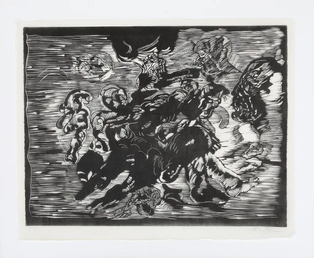 “Indfald”. Signed Wiig Hansen, 504/700. Woodcut, mounted on paper. 44×55. Unframed