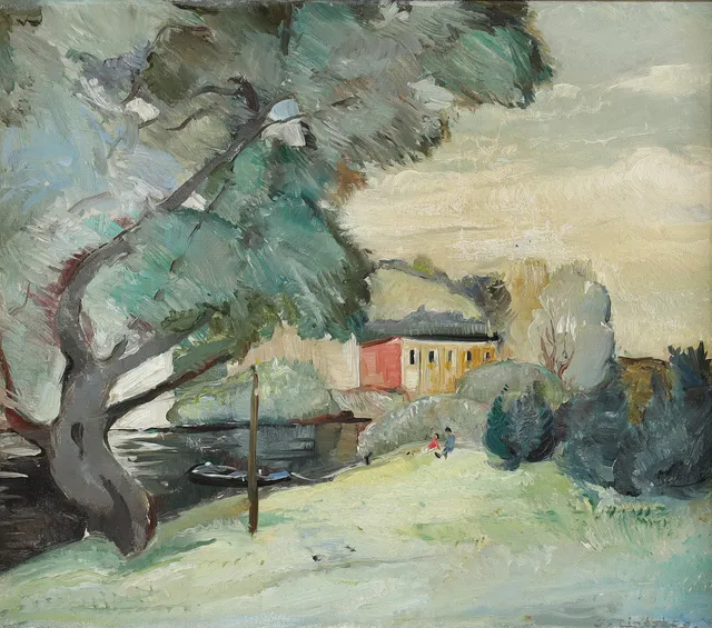 JOSEF LINDSKOG (1885-1964) landskap med sjö, olja på pannå.