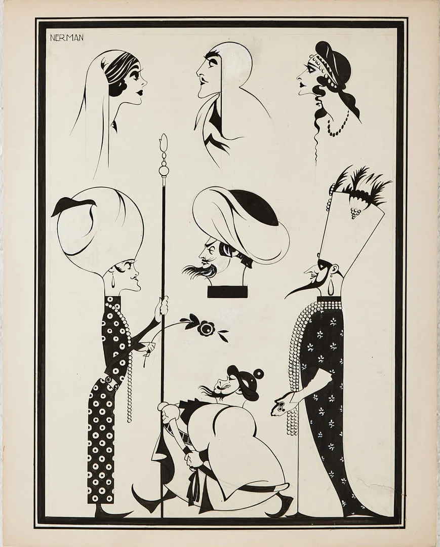 EINAR NERMAN. Profiler i teaterkostym, tuschteckning med täckvitt, signerad Nerman, uppfordrad på kartong. — Drawings — Stockholms Auktionsverk Magasin 5