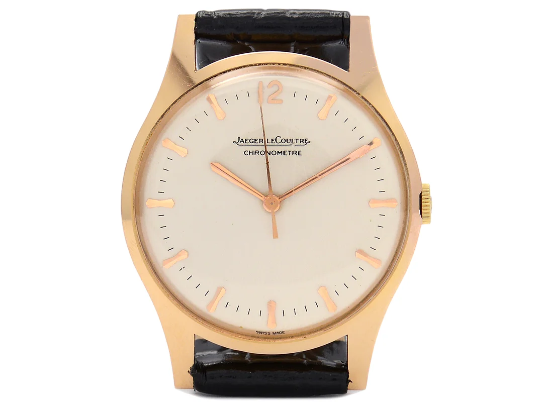 JAEGER-LE COULTRE, Chronometre "Geophysic de luxe", Cal P478/BWSbr, Serie nr. 1276014, Ref nr. 2985, Boett nr. 736780, herrur, 34 mm, 18K rosa guld, manuell, plexiglas, läderband, ca 1959. — Klockor/Jaeger-Le Coultre — Kaplans