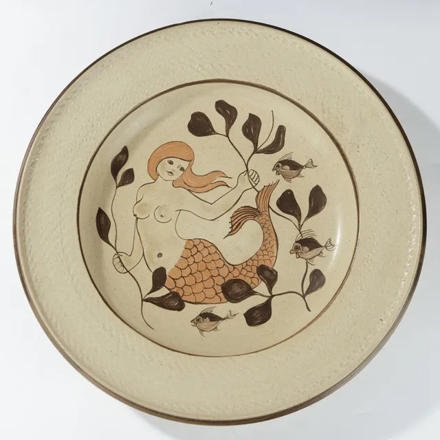 KÄHLER: Large wall-mounted stoneware dish with underwater motif of mermaid and fish, W52.5 cm, executed at Herman A. Kähler, Næstved, Denmark, second half of the 20th century.