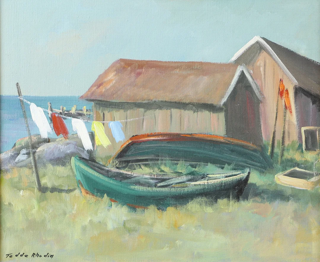 TEDDE RHODIN. Sjöbodar, olja på duk, signerad. — Paintings — Helsingborgs Auktionskammare