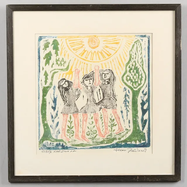 ALLAN JÄDERÅS. Träsnitt, "Damer under solen", signerad.