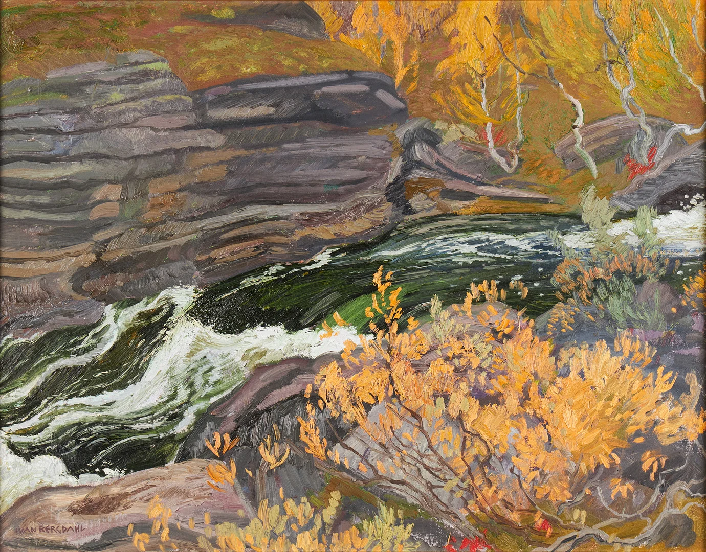 IVAN BERGDAHL (1929–2021). "Höst – Bessejaureforsen", olja på duk, signerad IVAN BERGDAHL och daterad Lillviken 1978 a tergo. — Paintings — Crafoord Auktioner Stockholm