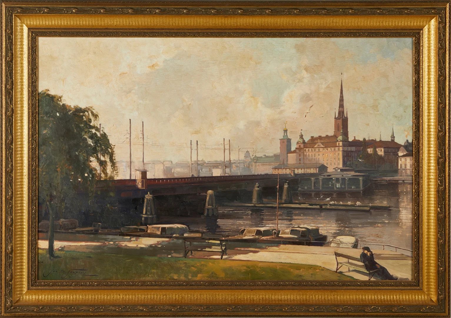 JAN BOHUMIL POSPISIL (1898-1968). Stockholmsmotiv, vy över Riddarholmen, olja på duk, signerad Jan B Pospisil. — Paintings — Stockholms Auktionsverk Sickla