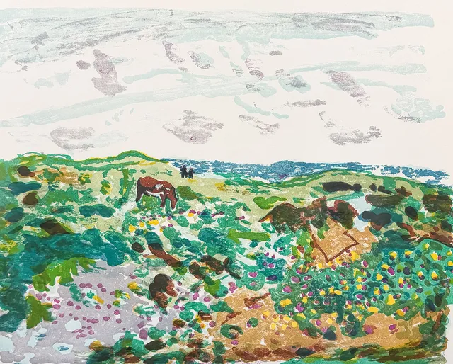 THAGE NORDHOLM. FÄRGLITOGRAFI, "Landskaosmotiv", signerad, numrerad.