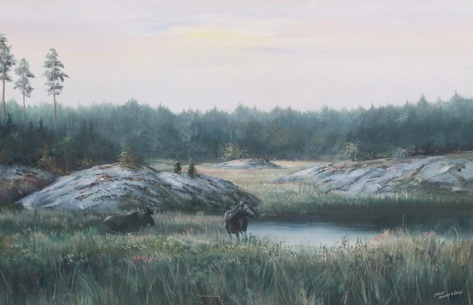 ARNE ANDERSSON. Landskap med älgar. Olja på duk, signerad. — Paintings — Gomér & Andersson Linköping