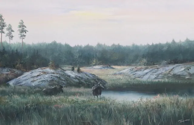 ARNE ANDERSSON. Landskap med älgar. Olja på duk, signerad.