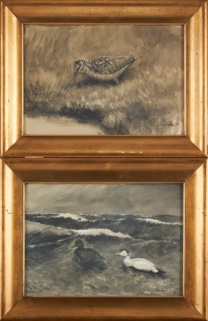 NILS TIRÉN. Fåglar, 2 st, akvarell med täckvitt, signerade. — Paintings — Stockholms Auktionsverk Magasin 5