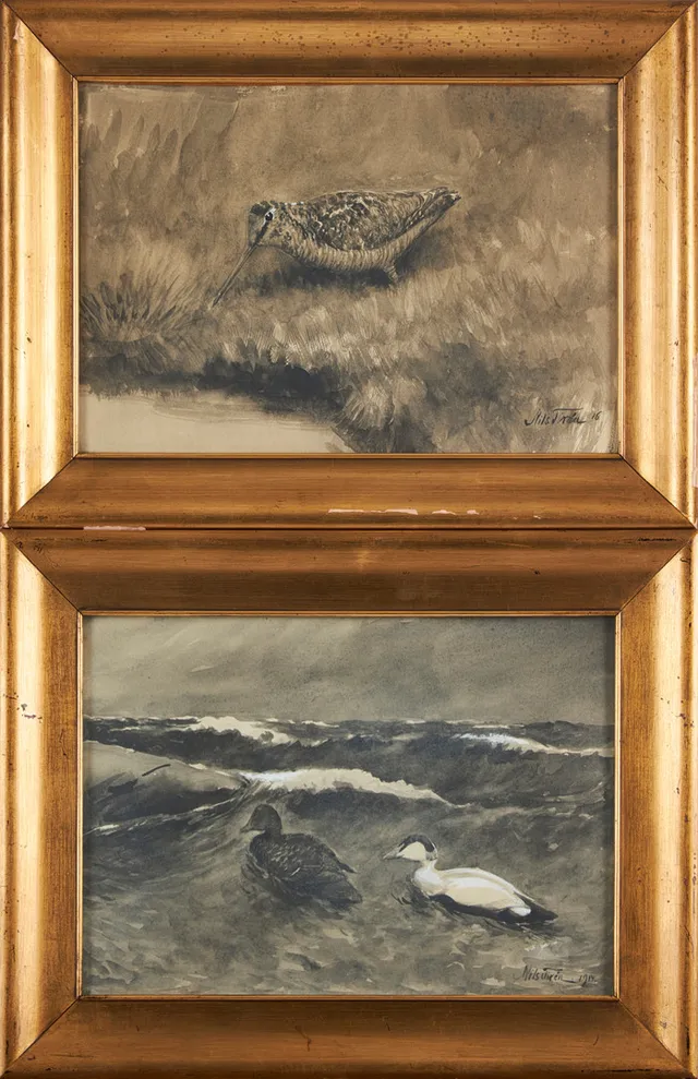 NILS TIRÉN. Fåglar, 2 st, akvarell med täckvitt, signerade.