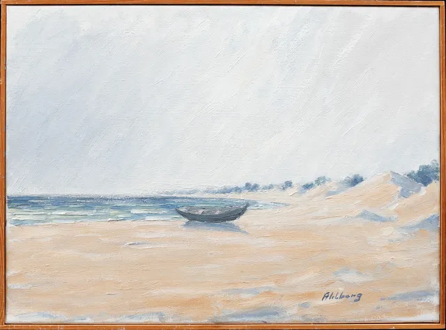 ROLF AHLBERG. Eka på strand, olja på duk, signerad.